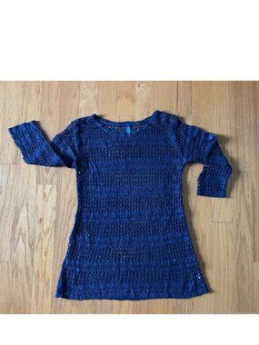 FALLS CREEK Women's Crochet Knit Navy Blue 3/4 Sleeve Open Weave Sweater Top S